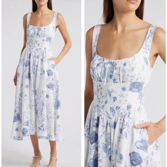Reformation Blue Ruched Scoop Neck Sundress